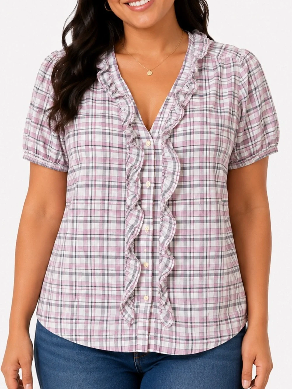 LOFT Womens Pink Plaid Ruffle Front Blouse Puff Sleeve Coquette‎ Cottagecore